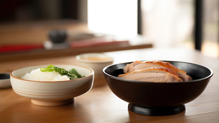 japanese food, rice with chicken in bowl on wooden tableの素材