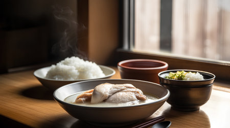 Traditional japanese soup with chicken and rice on a wooden tableの素材