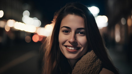 Portrait of a beautiful smiling woman in the city at night.の素材
