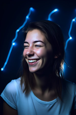 Portrait of a beautiful young woman with blue lights on her faceの素材