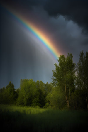 Rainbow over the meadow in the forest. Nature composition.の素材