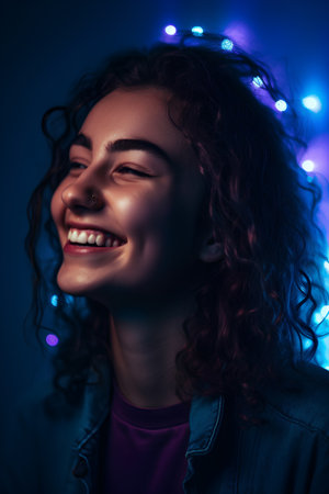 Portrait of a beautiful young woman with curly hair and blue lights on her face.の素材