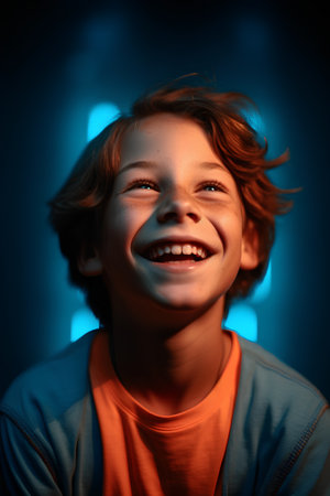 Portrait of a cute smiling boy in a studio with blue lightの素材