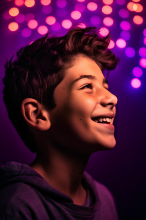 Portrait of a boy in a nightclub, illuminated by colored lightsの素材