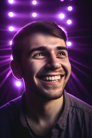 Portrait of a handsome young man with glowing lights on background.の素材
