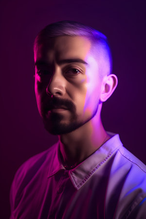 Portrait of a handsome young man in a purple shirt. Studio shot.の素材