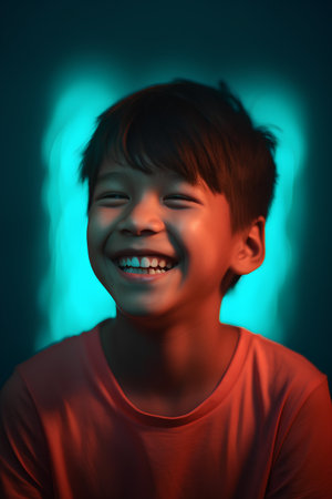 Portrait of a happy young asian boy smiling and looking at cameraの素材