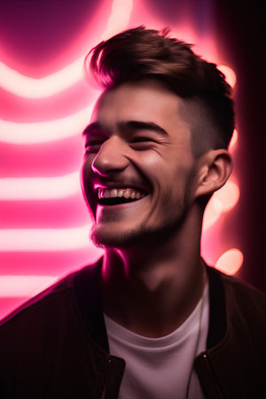 Portrait of a smiling young man in a neon light studio.の素材
