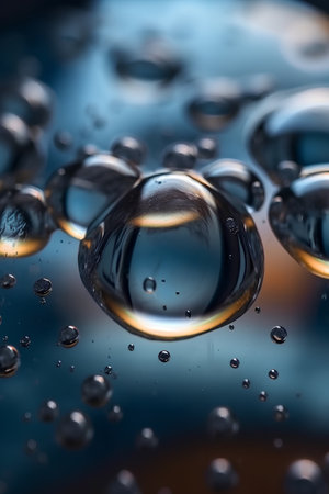 Water drops with reflection on blue background. Shallow DOF.の素材