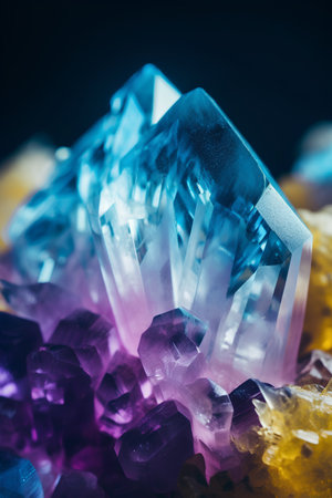 Crystals of different colors on a dark background. Selective focus.の素材