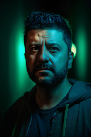 Portrait of a handsome young man in a dark room with neon lights.の素材