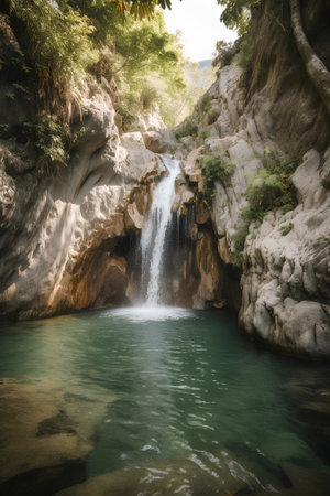 Beautiful waterfall in the mountains of Crete, Greece. Toned.の素材