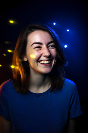 Portrait of a happy young woman with glowing lights on her faceの素材