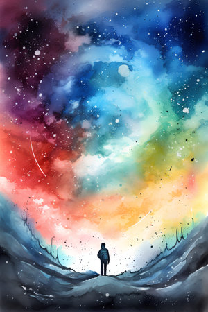 Man standing on the edge of a mountain in the starry skyの素材