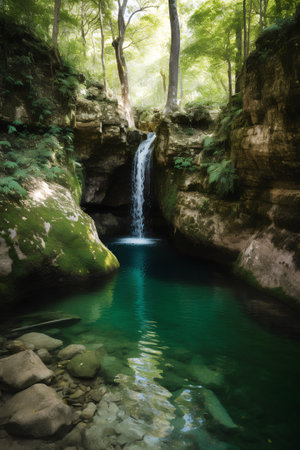 Beautiful waterfall in the forest with emerald water and rocks.の素材