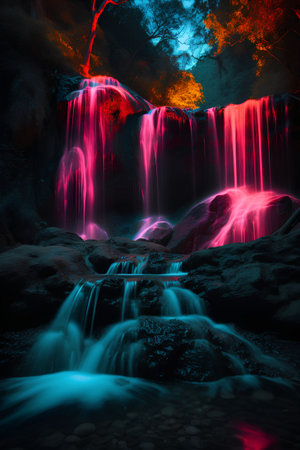 Waterfall in the forest at night with red and blue lights.の素材