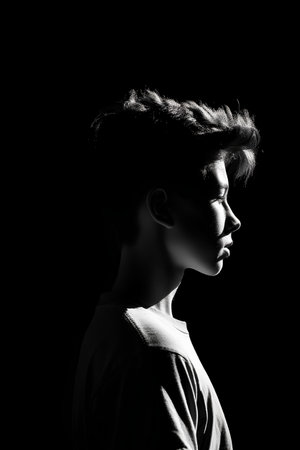Portrait of a boy on a black background. Monochrome.の素材
