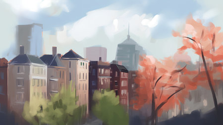 Cityscape with autumn trees. Vector illustration in watercolor style.の素材