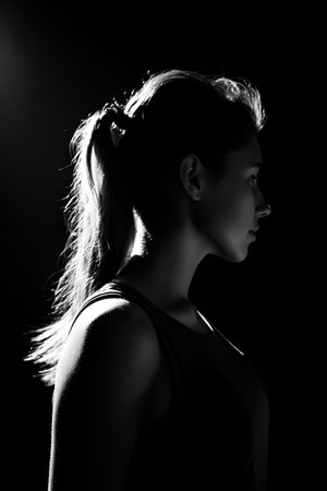 sporty woman silhouette on black background, monochrome imageの素材