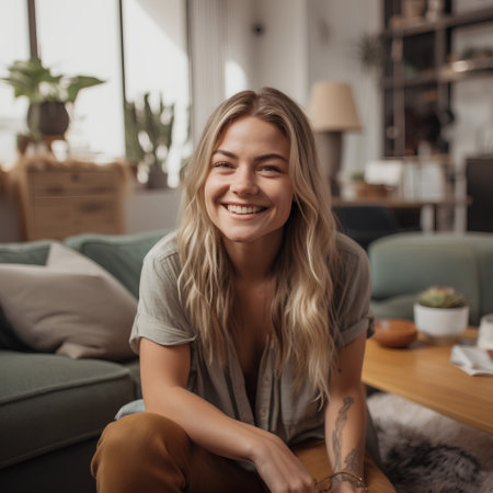 Cheerful young woman smiling and looking at camera while sitting on sofa at homeの素材
