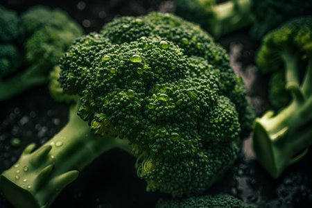 Fresh green broccoli on a black background. Selective focus. Toned.の素材