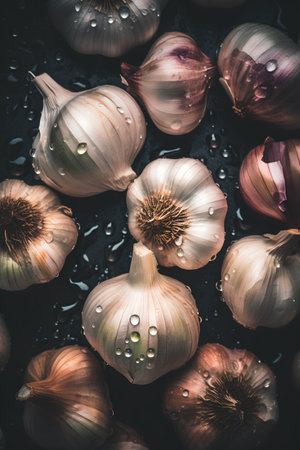 Fresh garlic on dark background, top view. Vegetarian food conceptの素材