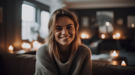 Smiling young woman sitting on sofa in cafe and looking at cameraの素材
