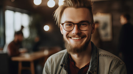 Portrait of a handsome young man with glasses in a cafe.の素材