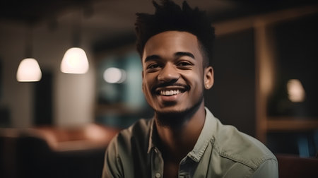 Portrait of smiling african american man looking at camera in cafeの素材