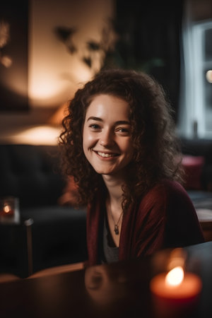 Portrait of a beautiful young woman sitting in a cafe and smilingの素材