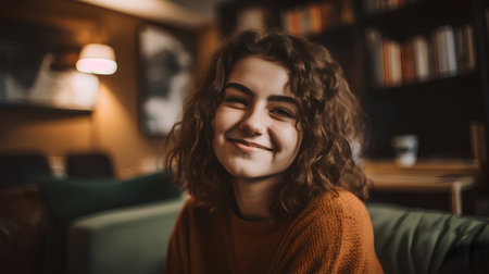 Portrait of a beautiful young woman with curly hair smiling in a cafeの素材