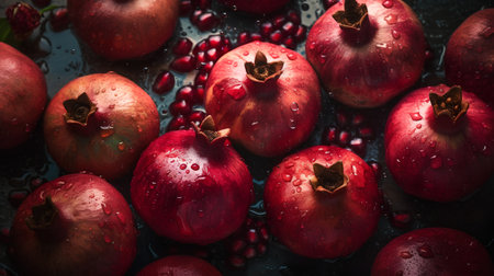 Ripe pomegranates on a dark background. Toned.の素材