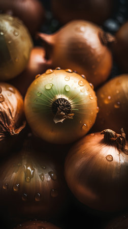 Fresh onions on wooden background. Shallow depth of field. Toned.の素材