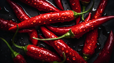 Red hot chili peppers with water drops on dark background. Top view.の素材