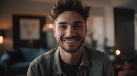 Portrait of handsome young man smiling and looking at camera in the roomの素材