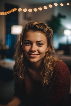 Portrait of beautiful young woman sitting in cafe, looking at camera.の素材