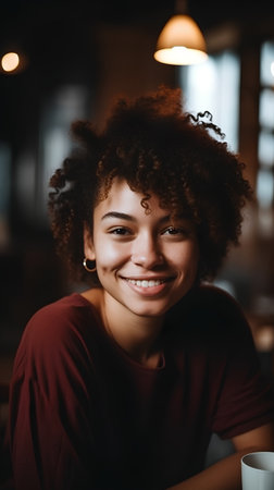 Portrait of smiling young african american woman in cafe.の素材