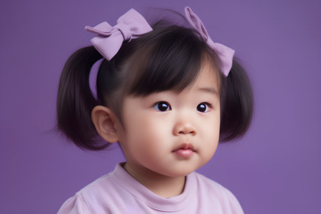 Portrait of cute little asian girl looking up on purple backgroundの素材