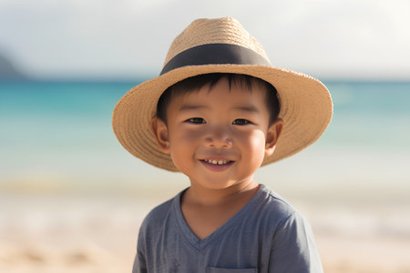 Portrait of happy asian little boy wearing hat on the beachの素材