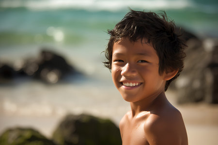 Portrait of a smiling little boy on the beach at sunset.の素材