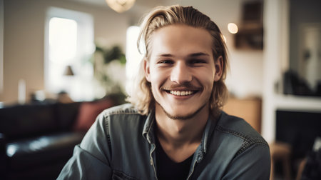 Portrait of a handsome young man sitting in a cafe and smilingの素材