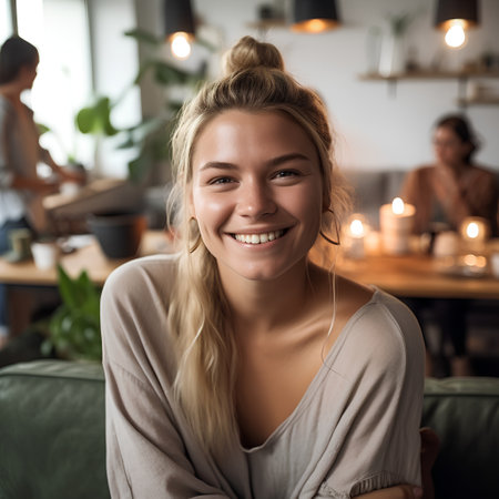 Portrait of a beautiful young woman smiling and looking at camera while sitting in a cafeの素材