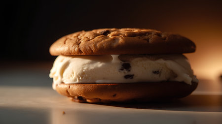 Chocolate cookies with ice cream on a dark background. Selective focus.の素材