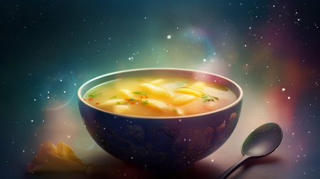 Chicken soup with noodles and vegetables in a blue bowl on a dark backgroundの素材