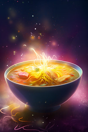 Bowl of noodle soup on colorful background. 3d illustrationの素材