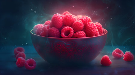 Bowl of fresh raspberries with smoke on dark background.の素材