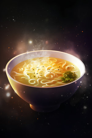 Noodle soup in a bowl on a dark background. Vector illustration.の素材