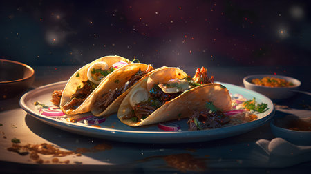 Traditional mexican tacos with beef and vegetables on a dark backgroundの素材