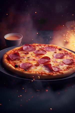 Pizza with salami and pepperoni on a black background.の素材