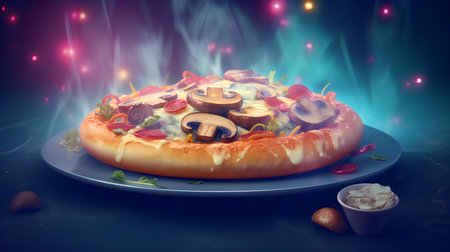 Pizza with mushrooms and cheese in a blue plate on a dark backgroundの素材